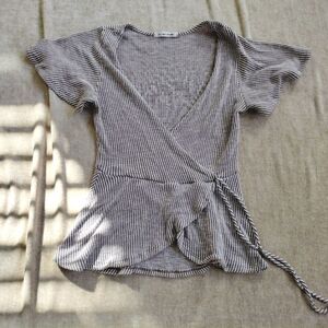 Caution To The Wind Grey and White Striped Peplum V Neck